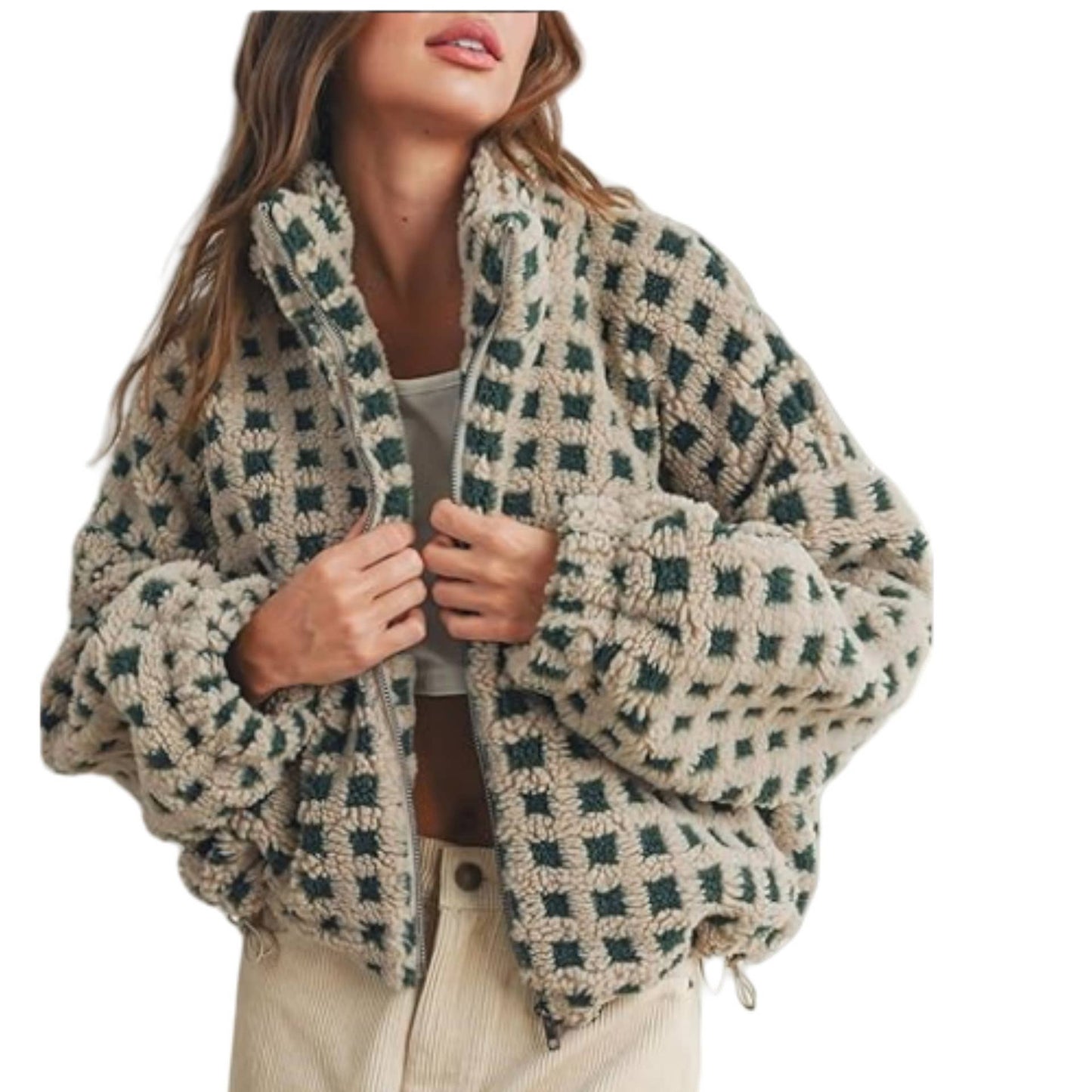 Checkered Gingham Sherpa Zip-up Jacket