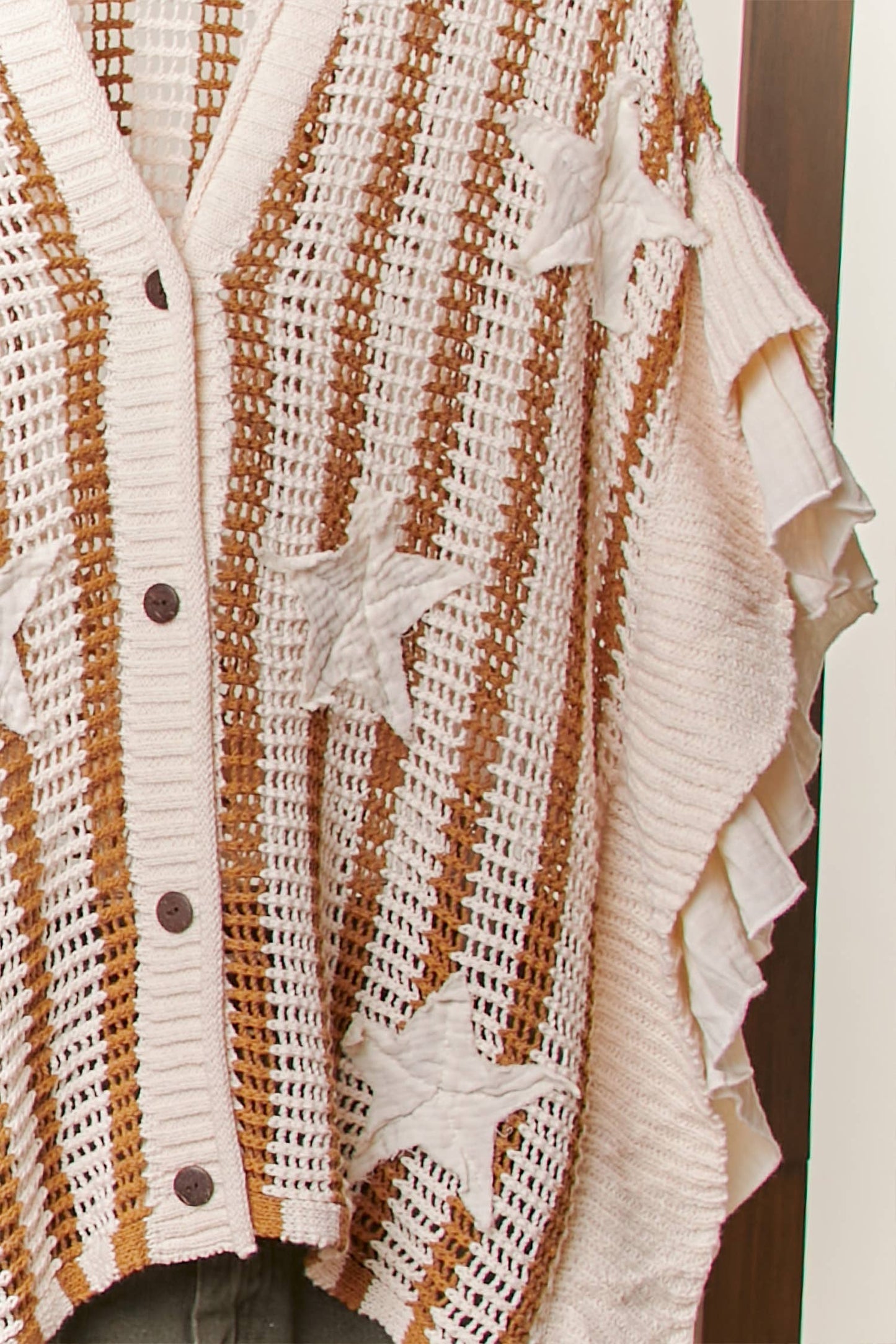 Star Patch Open-Knit Top with Ruffle Detail