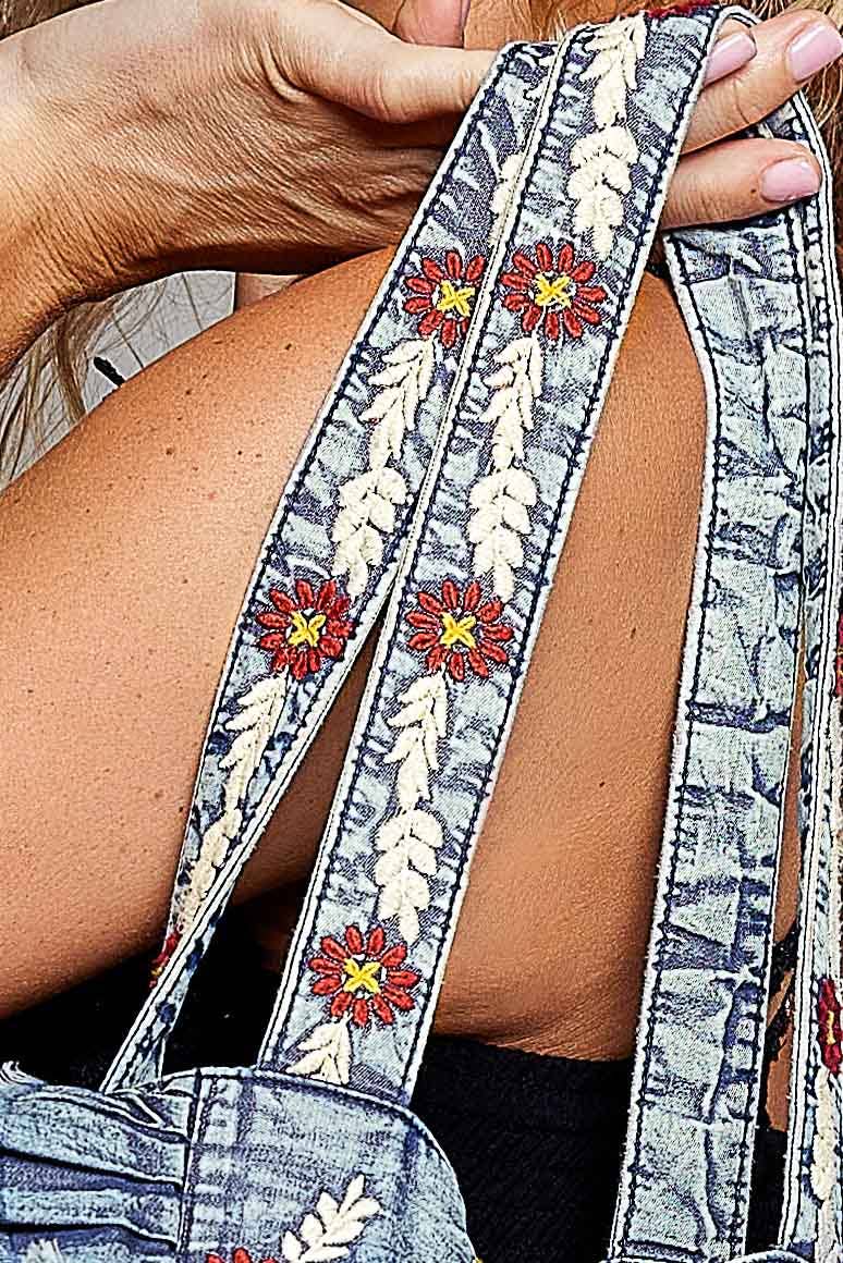 Vintage Wash Embroidered Ruffle Denim Tote Bag