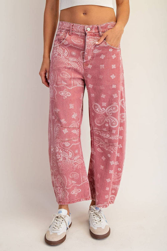 Mineral Washed Paisley Printed Barrel Jeans - Dusty Rose Bandana