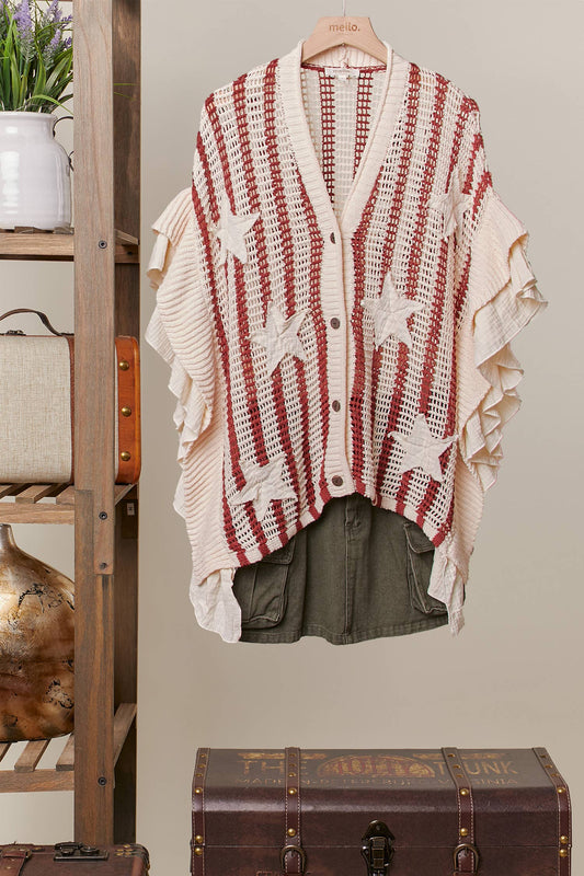 Star Patch Open-Knit Top with Ruffle Detail