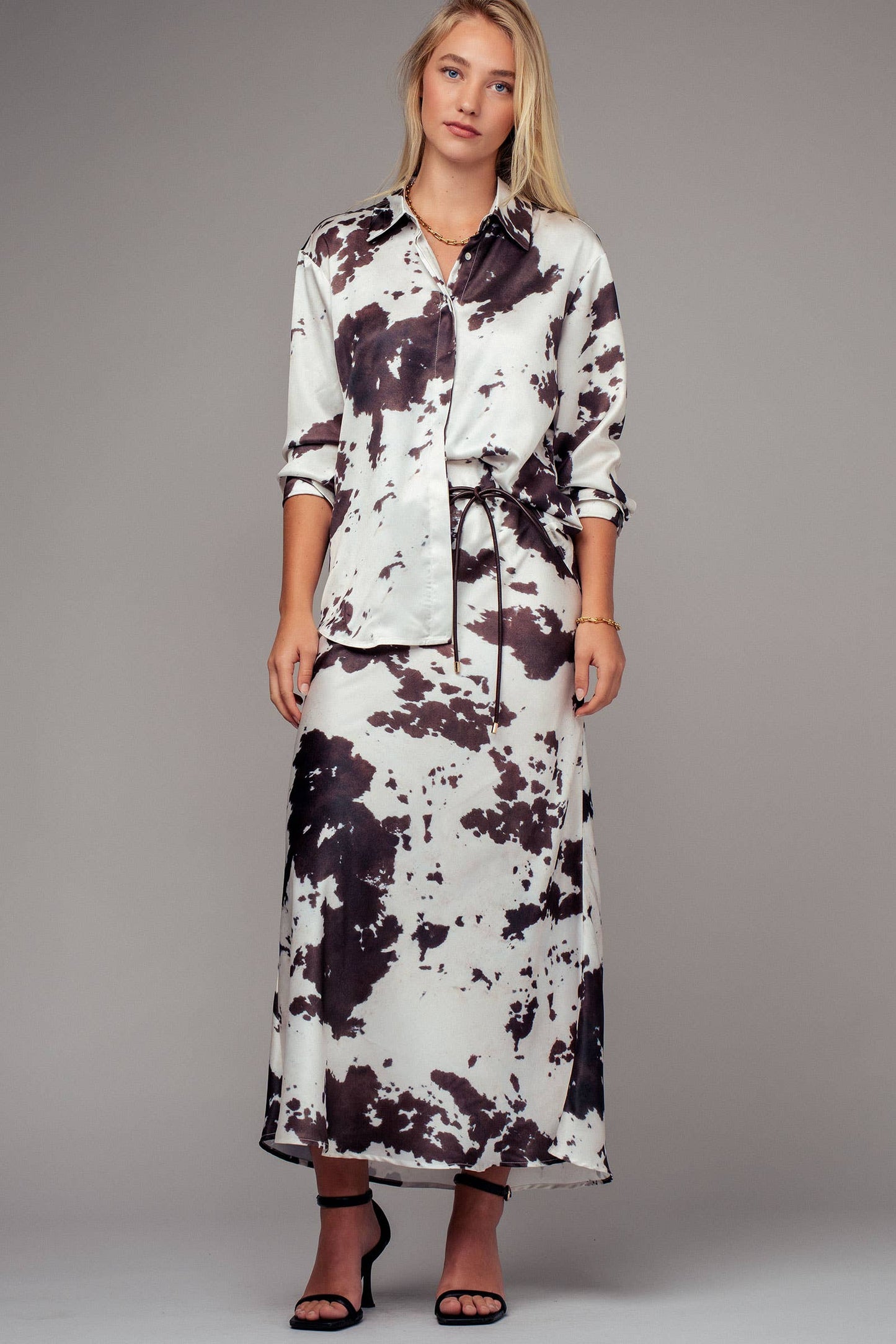 Cowhide Print Satin Drawstring Midi Skirt
