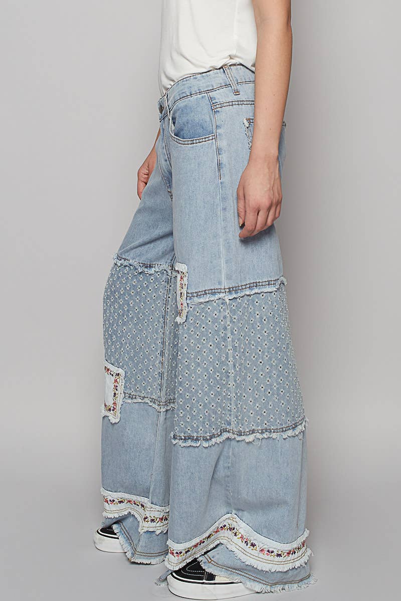 Vintage Washed Floral Patch Detail Straight Pants