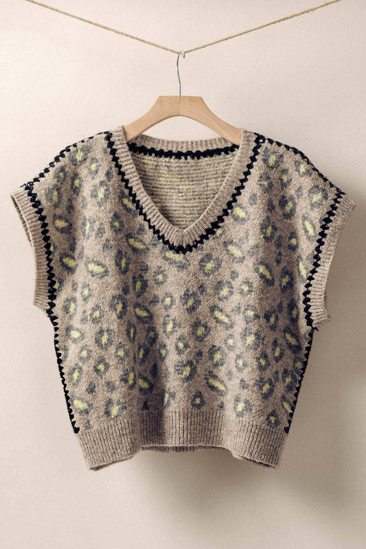 Leopard Crochet Trim Sweater Vest