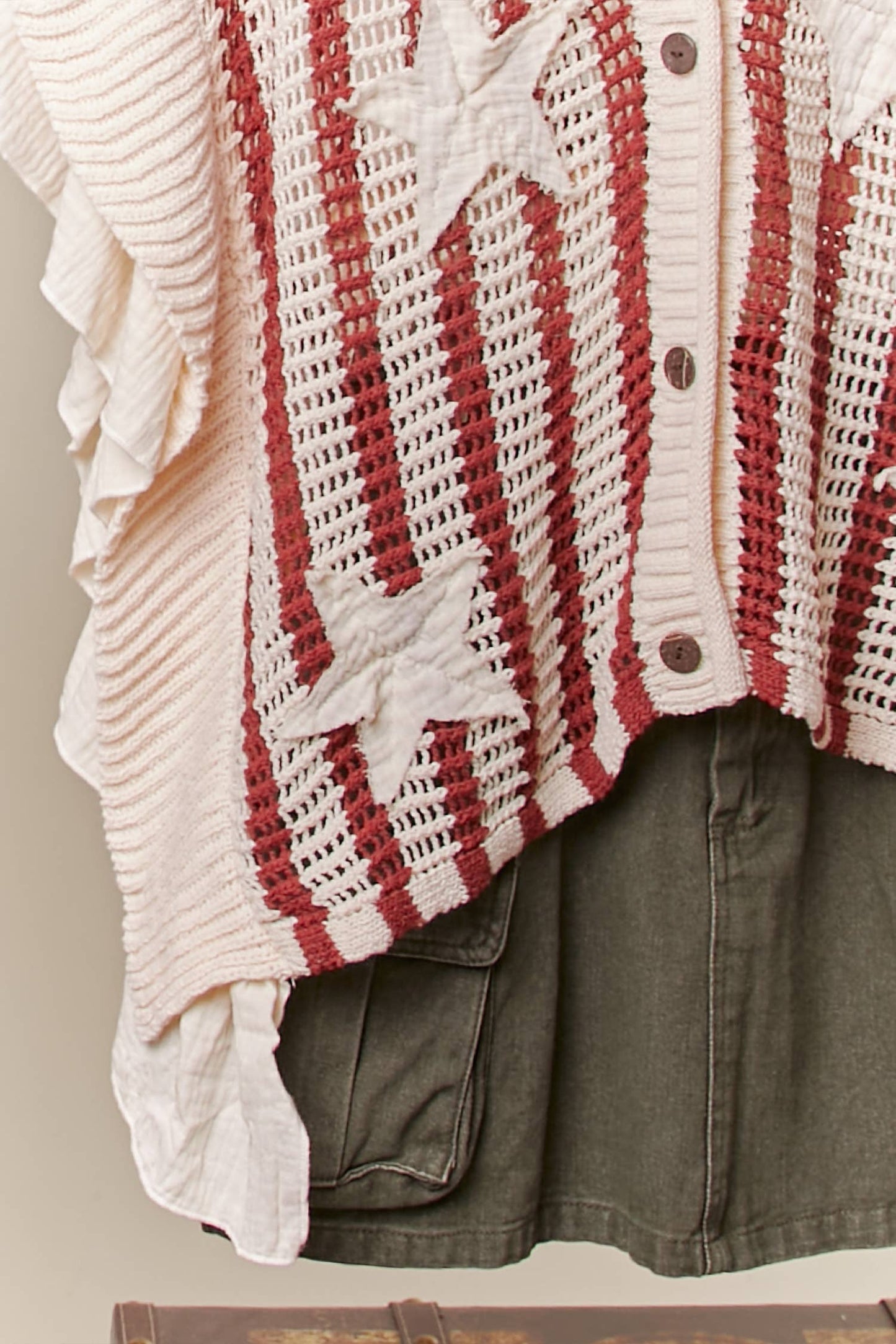 Star Patch Open-Knit Top with Ruffle Detail