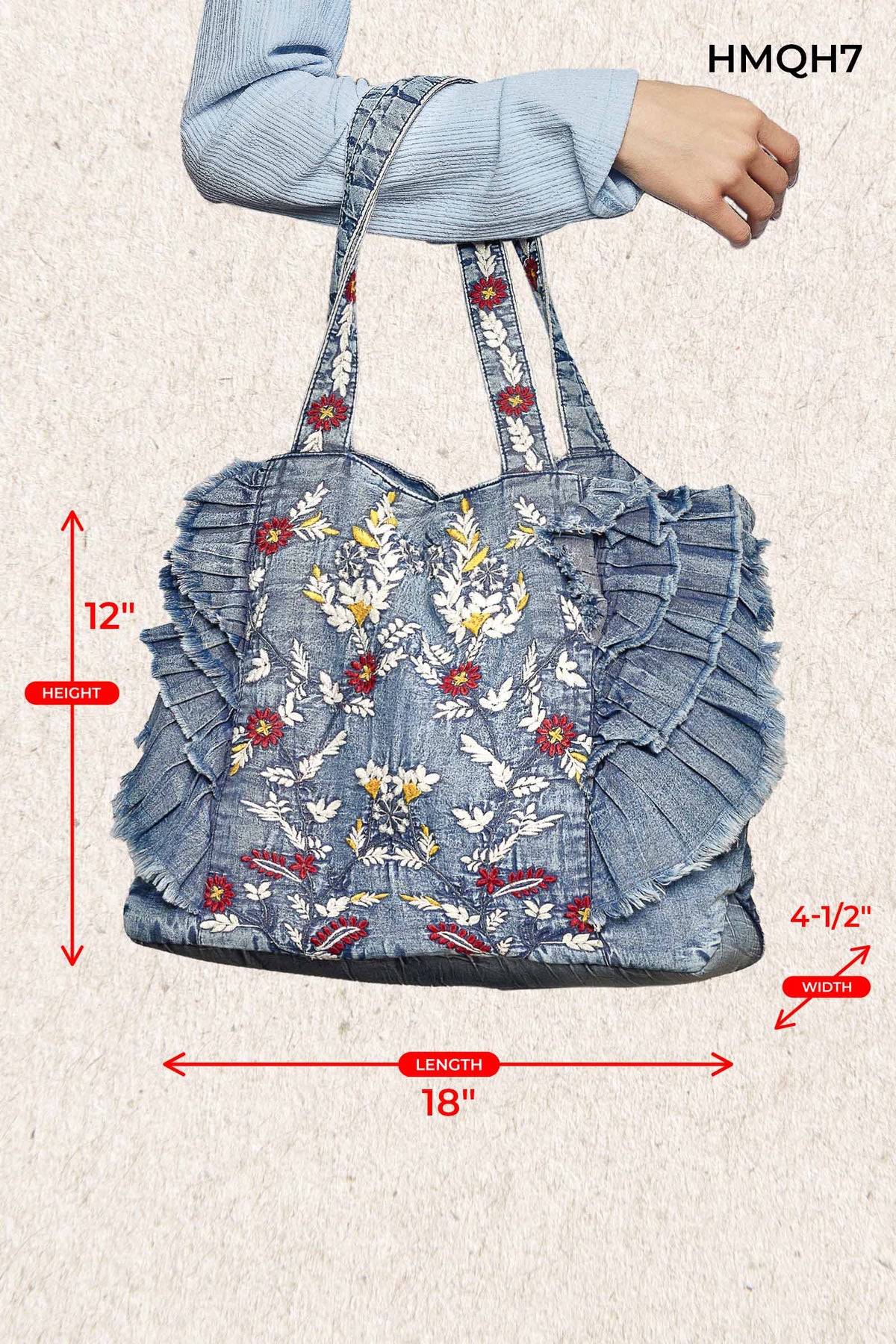 Vintage Wash Embroidered Ruffle Denim Tote Bag