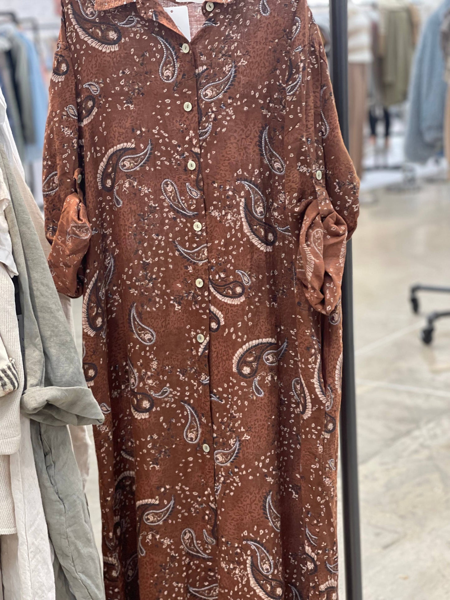 Linen Paisley Button-Up Dress with Sequin Collar