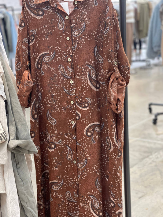 Linen Paisley Button-Up Dress with Sequin Collar