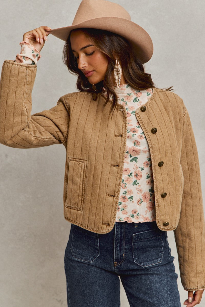 Vintage Washed Quilted Modern Jacket With Pockets