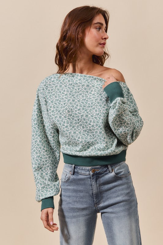 Ditsy Floral Thermal Knit One Shoulder Top