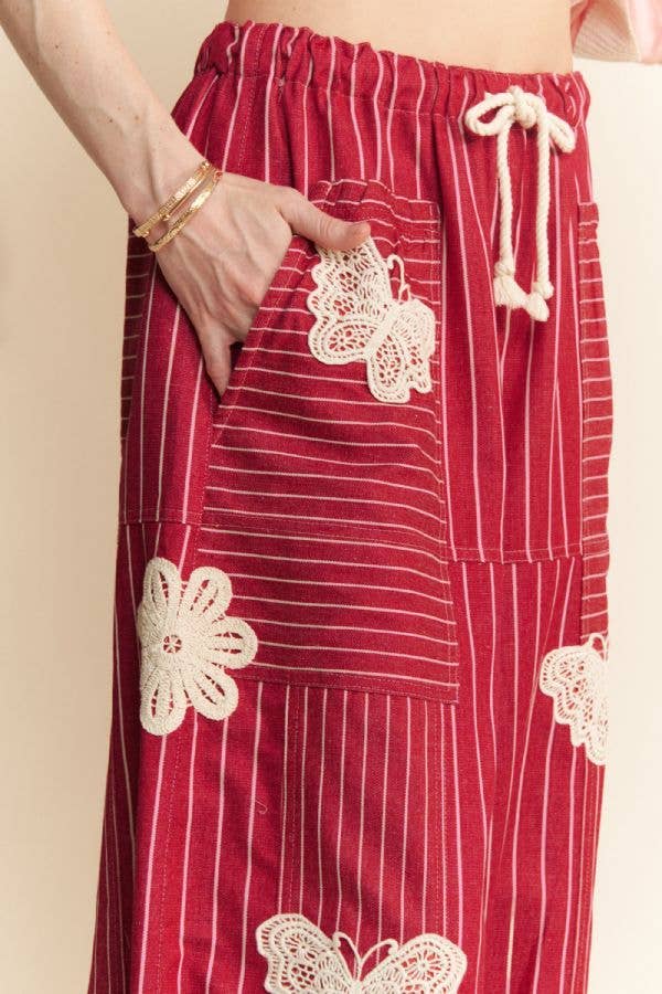 Lightweight Soft Denim Stripe Wide Barrel Pants - Red