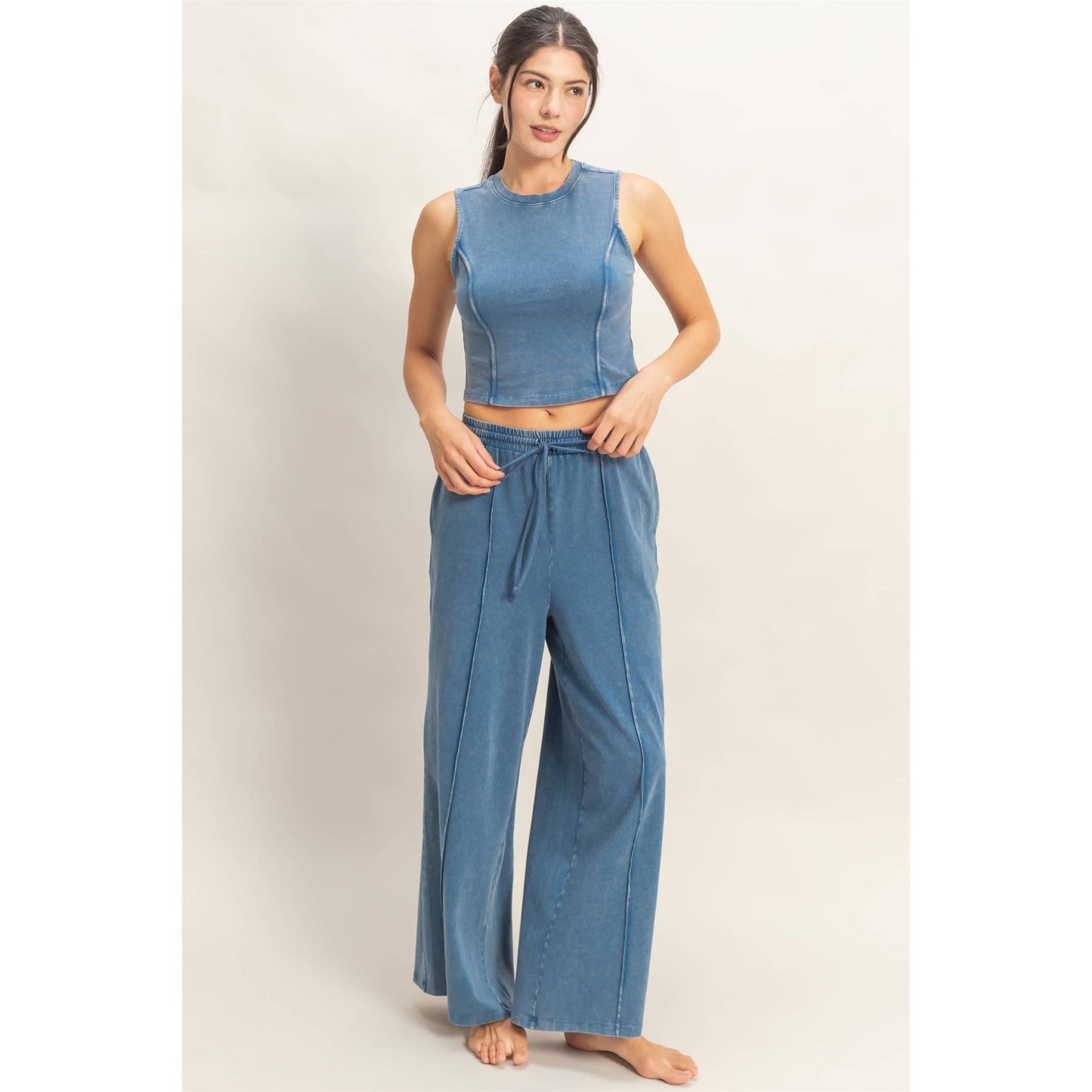 Mineral Washed Sleeveless Top & Wide Leg Pants Set (Sold Separately)