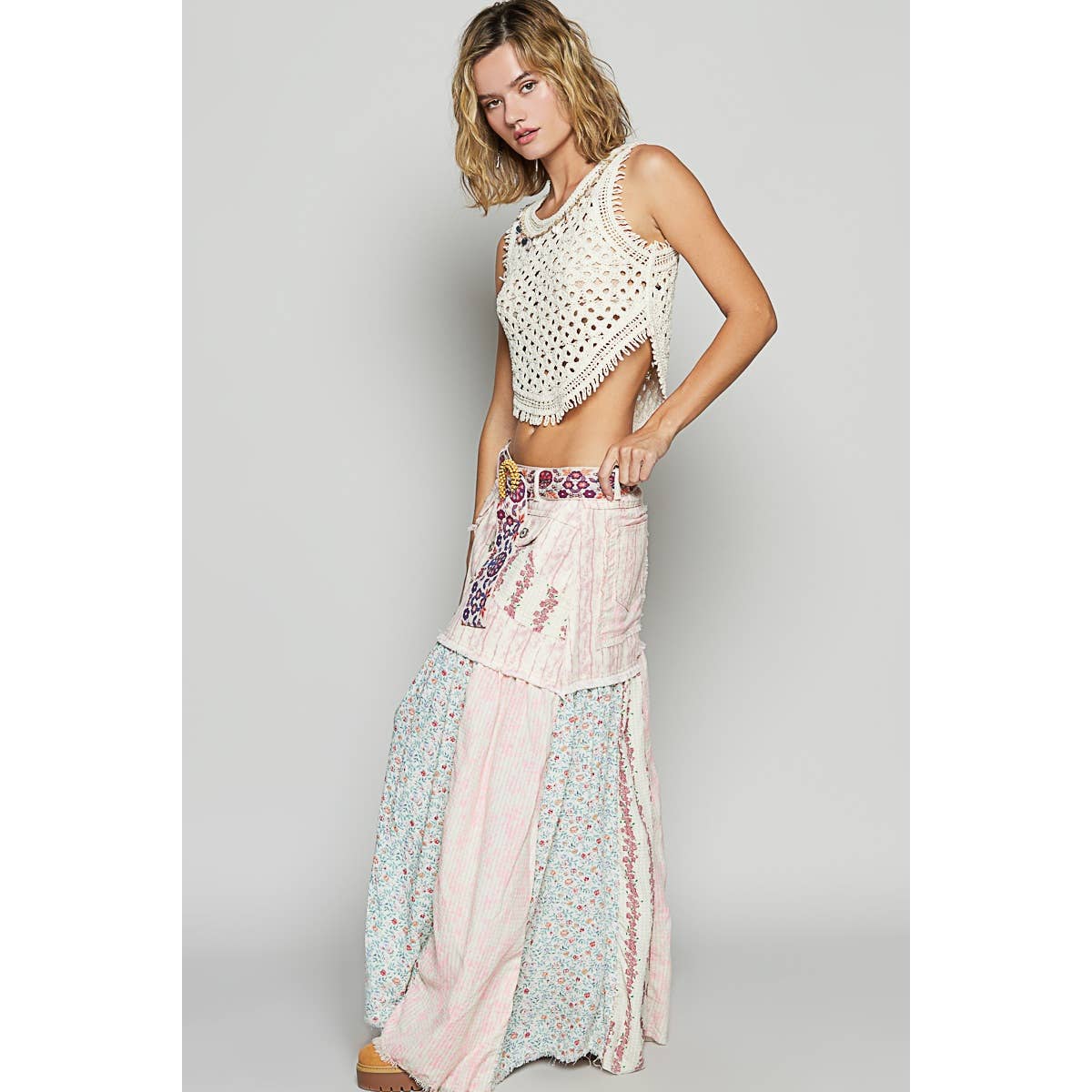 Woven Floral Print Mixed Skirt