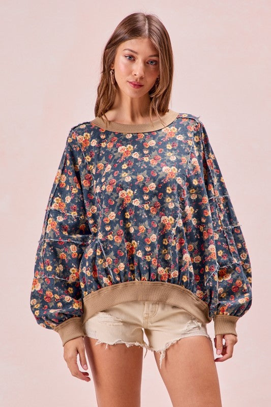 Washed Floral Frayed Round Neck Top