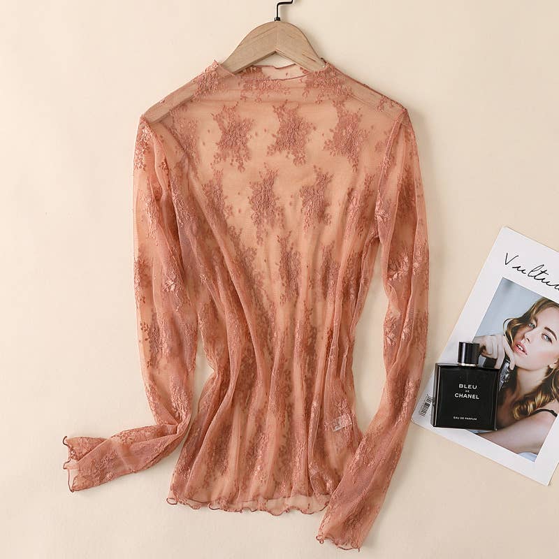 Semi Sheer Mesh Floral Lace Layering See Through Top
