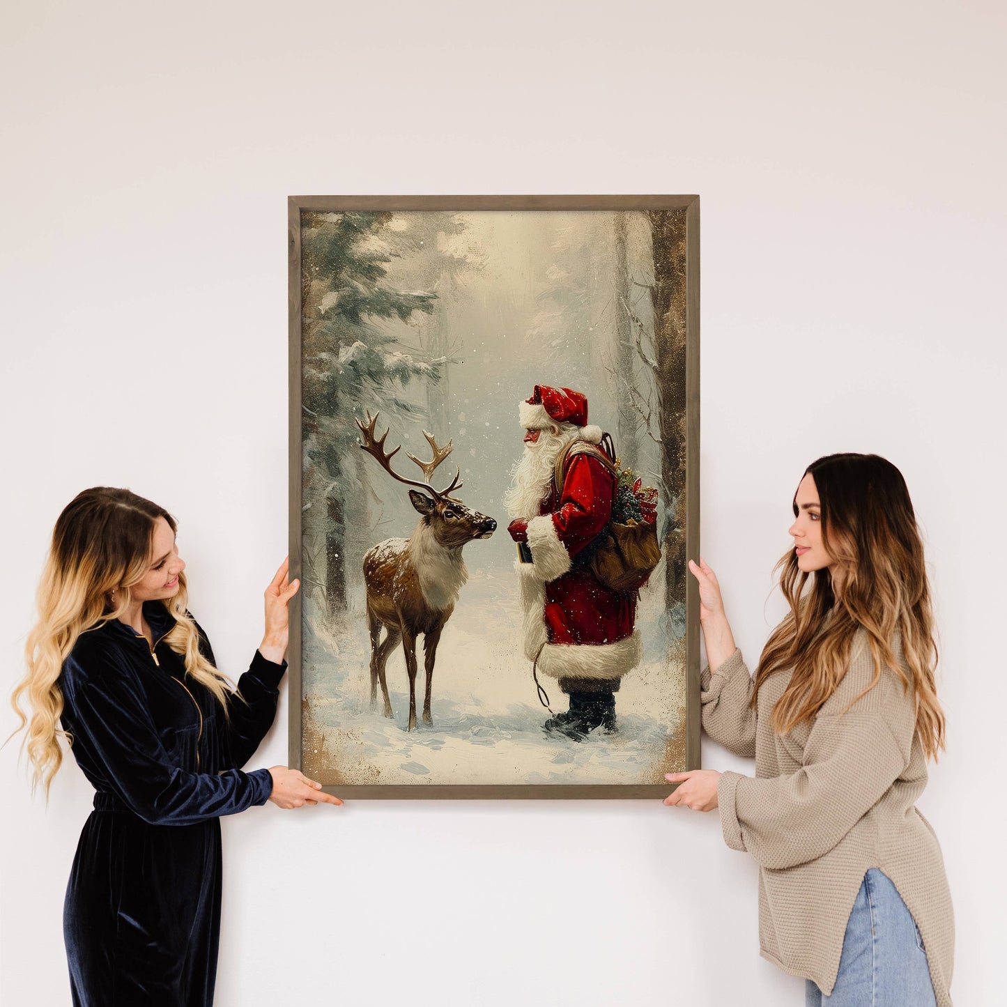 Santa Claus and Reindeer - Christmas Framed Canvas Art