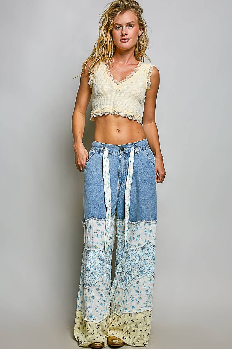 Varied Asymmetrical Patchwork Buckle Back Pants