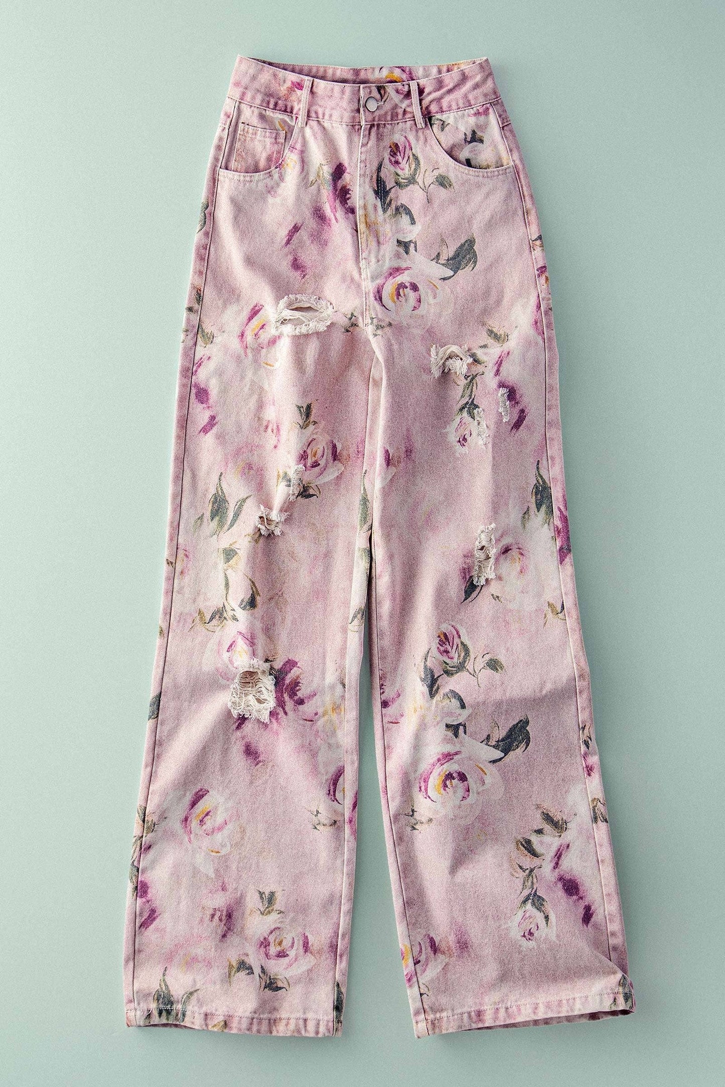 Romantic Rose Print High-Rise Denim Pants
