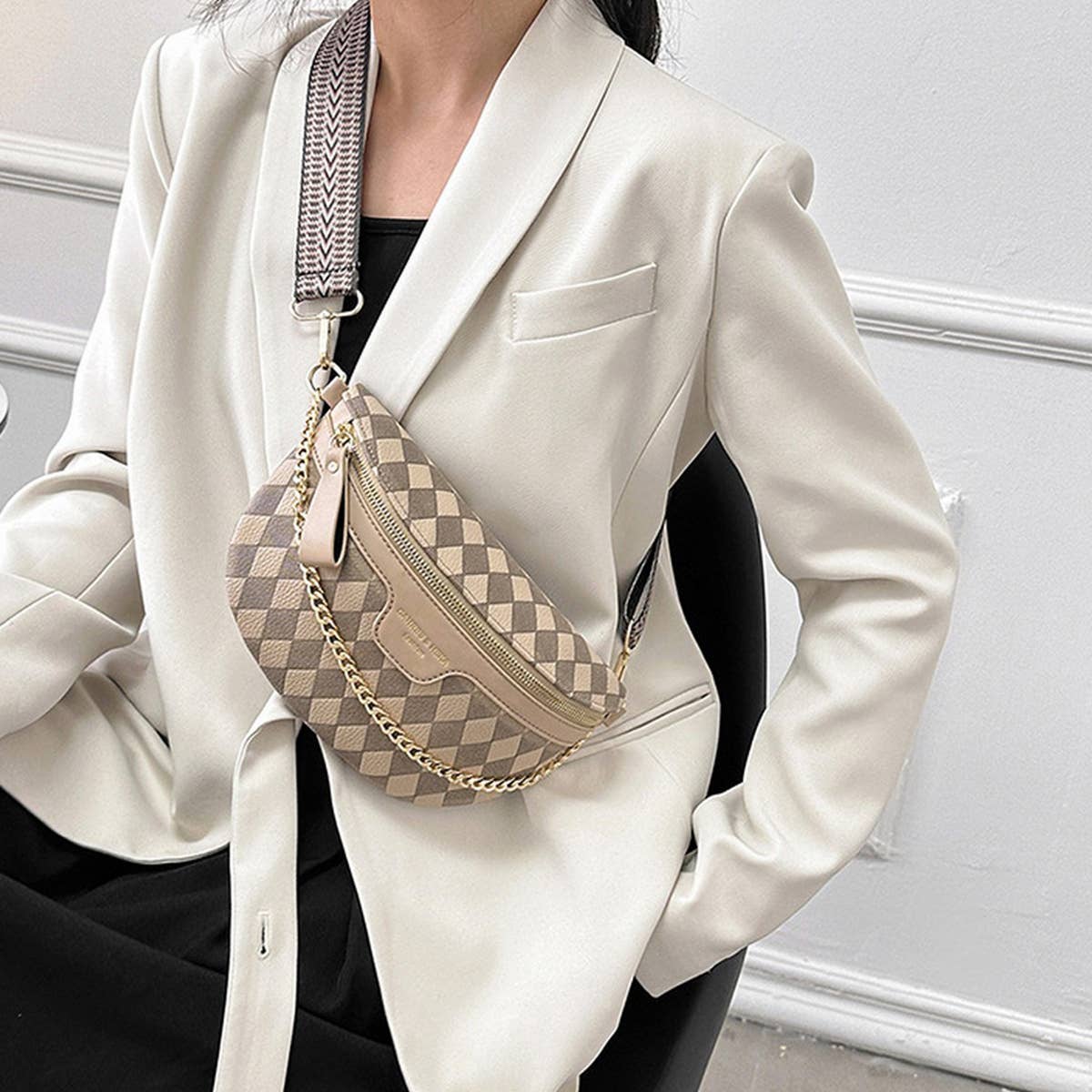 Checkered Chain Strap PU Crossbody Chest Bag