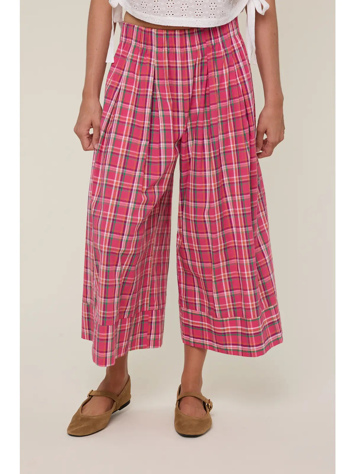 Plaid Wide Leg Pants- Fuchsia