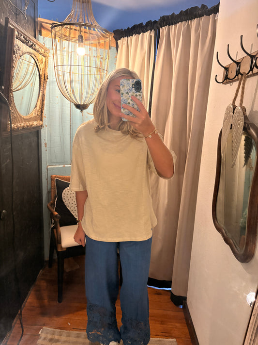 Blue Wide Leg Crocheted Trim Pant