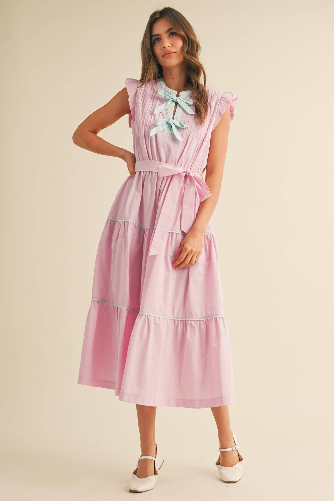 Pin Tuck & Bow Detail Tiered Midi Dress