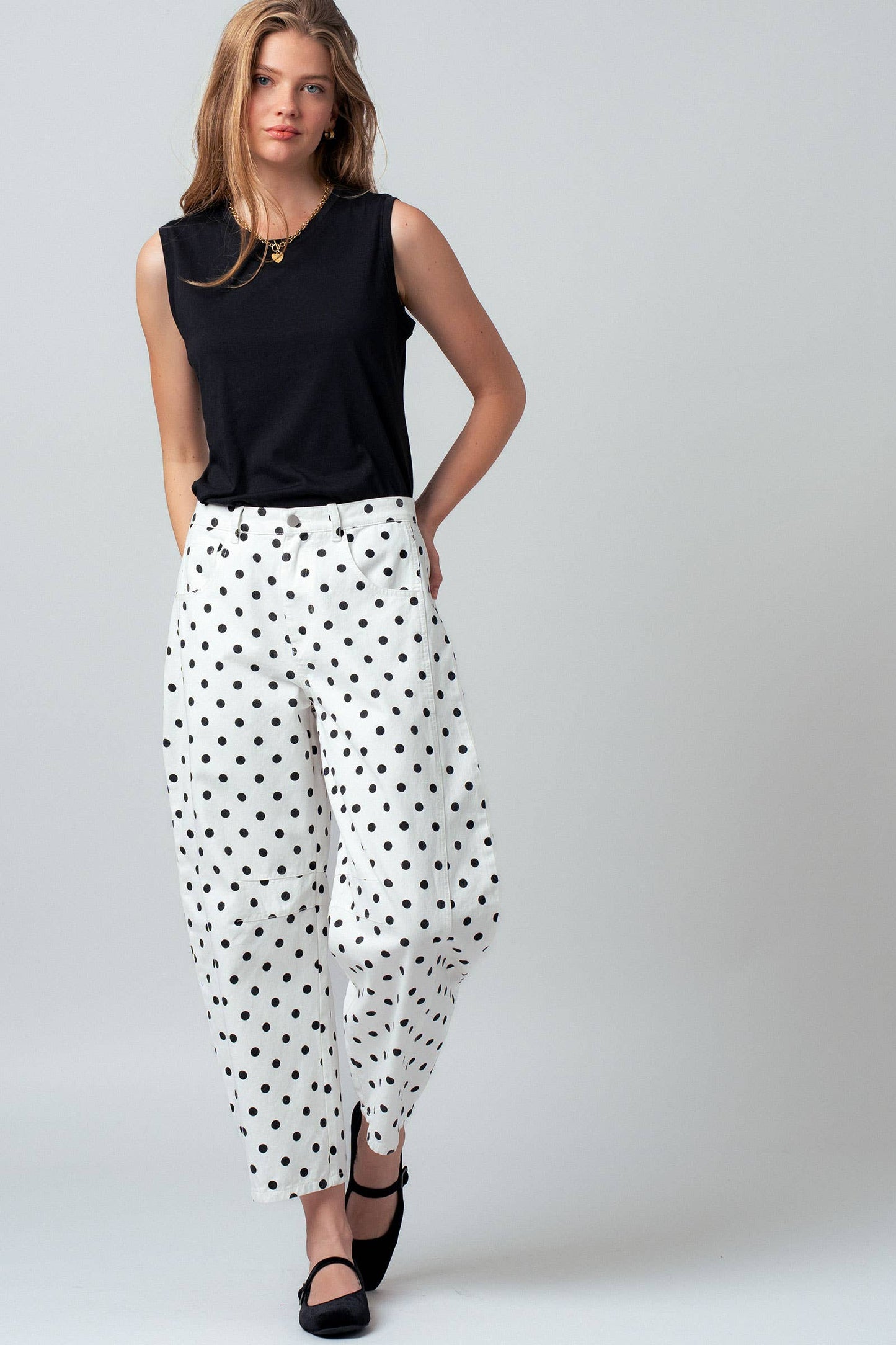 Polka Dot Print Cotton Barrel Leg Jeans