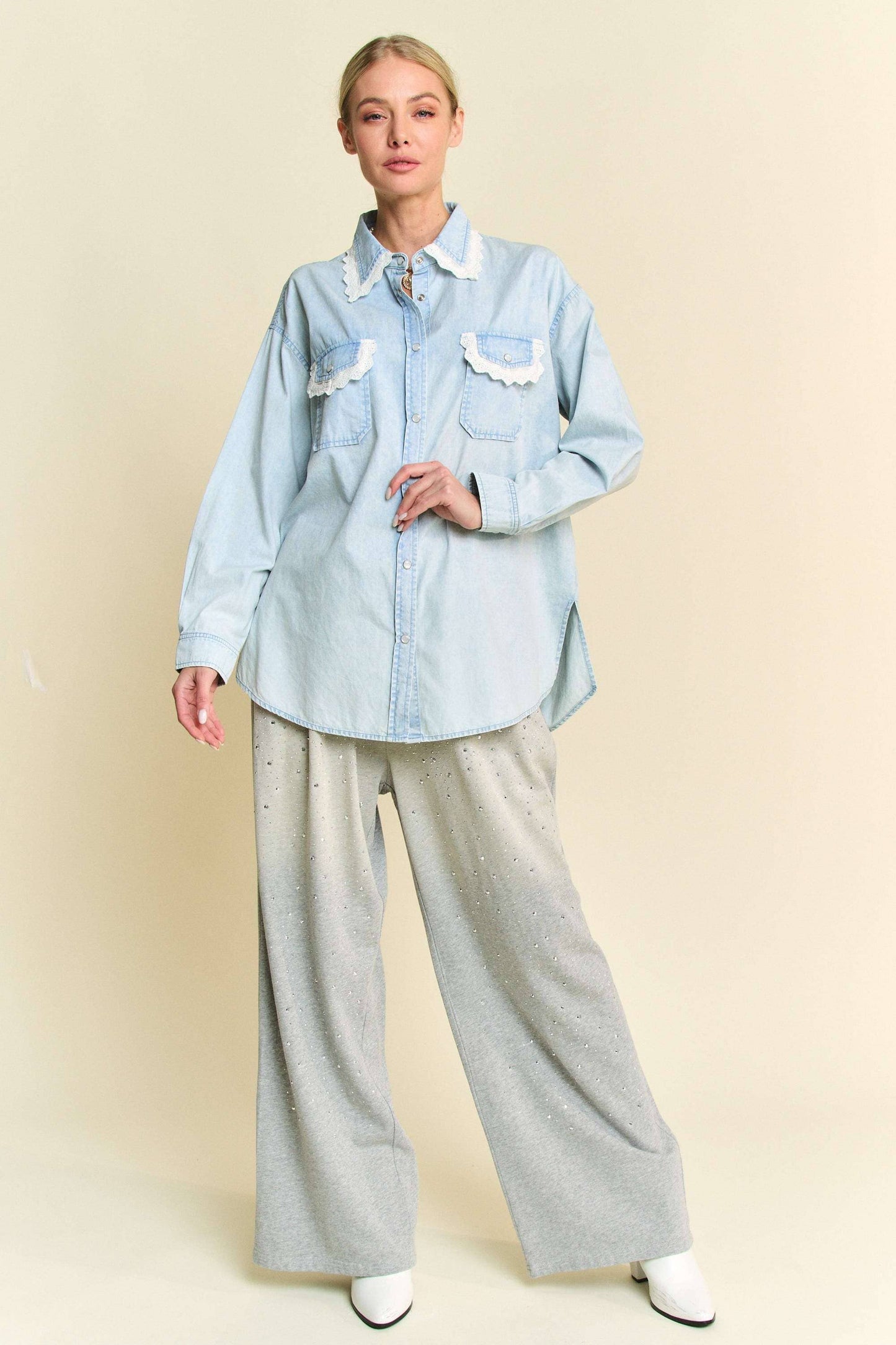 Lightweight Washed Lace Edge Waffle Knit Top - Light Denim