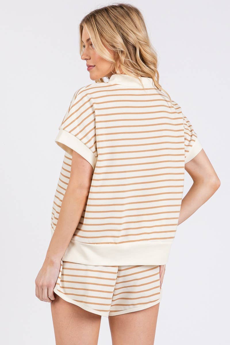 Half Zip Up Striped Top and Shorts Set (Sold Separately)
