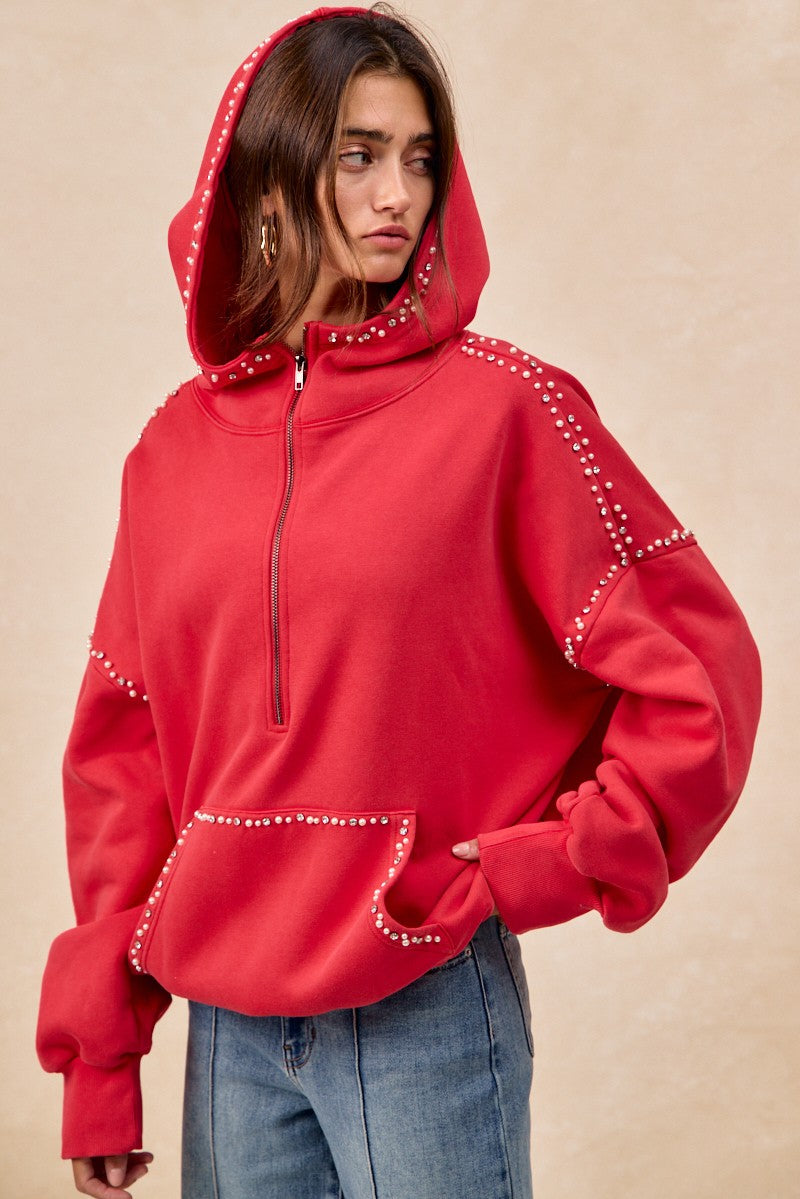 Brushed Terry Half Zip Up Jeweled Hoodie - Red