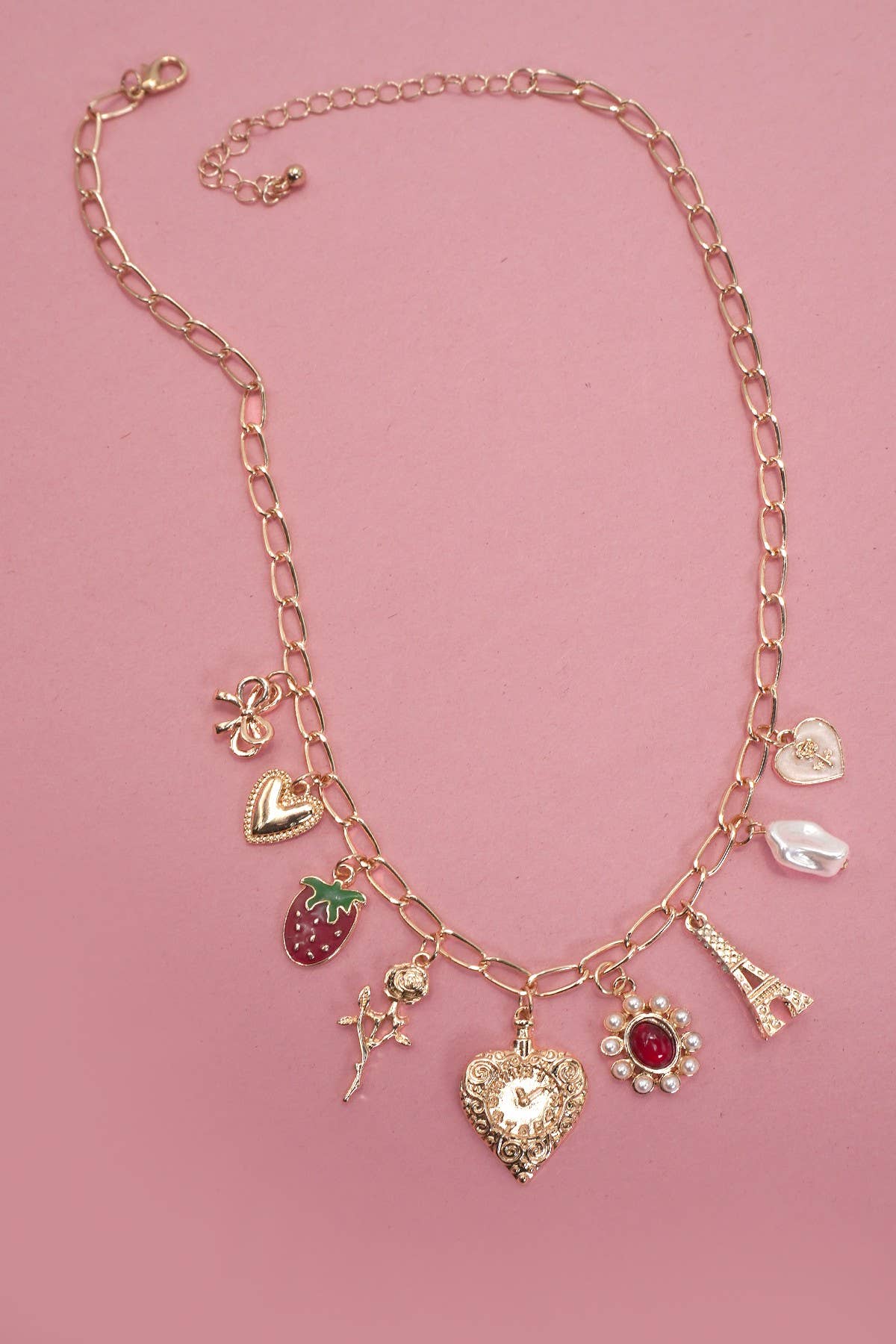 Charm Necklace - Heart Bow Rose Strawberry Eiffel