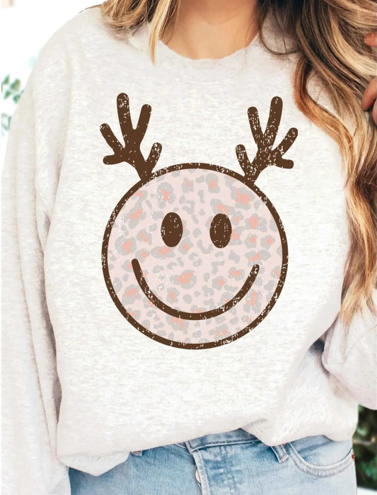 Leopard Happy Face Rudolph Plus Size Graphic Sweatshirt