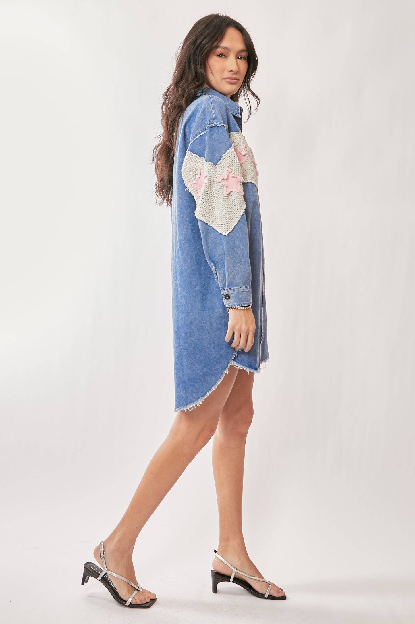 Acid Washed Denim Star Patch Shirt Dress