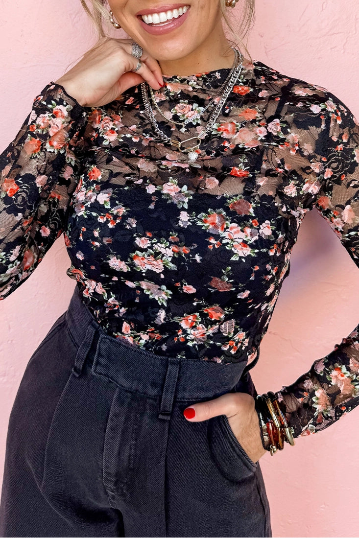 Floral Mesh Long Sleeve Top