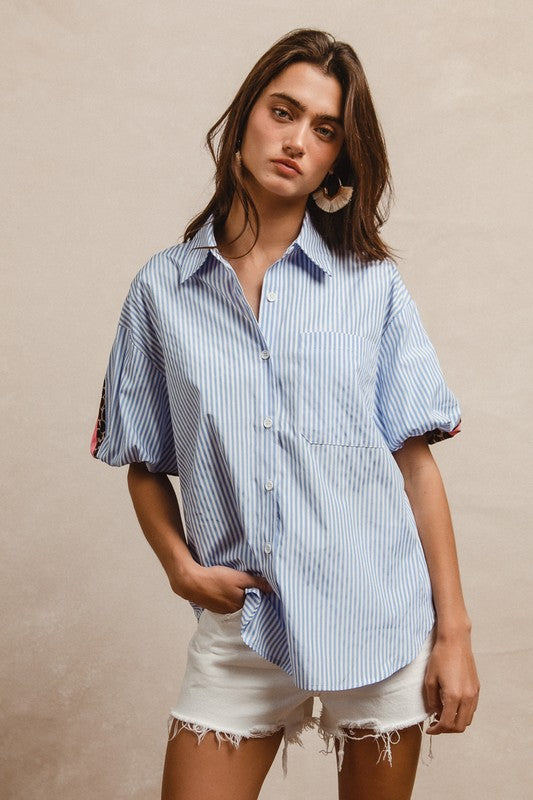 Stripe Pattern with Leopard Print Top - Chambray/Latte