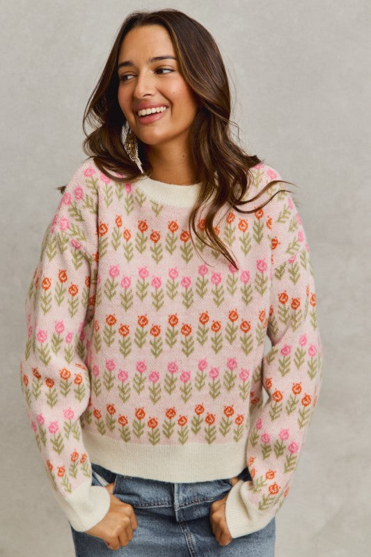 Flower Patterned Loose Fit Sweater