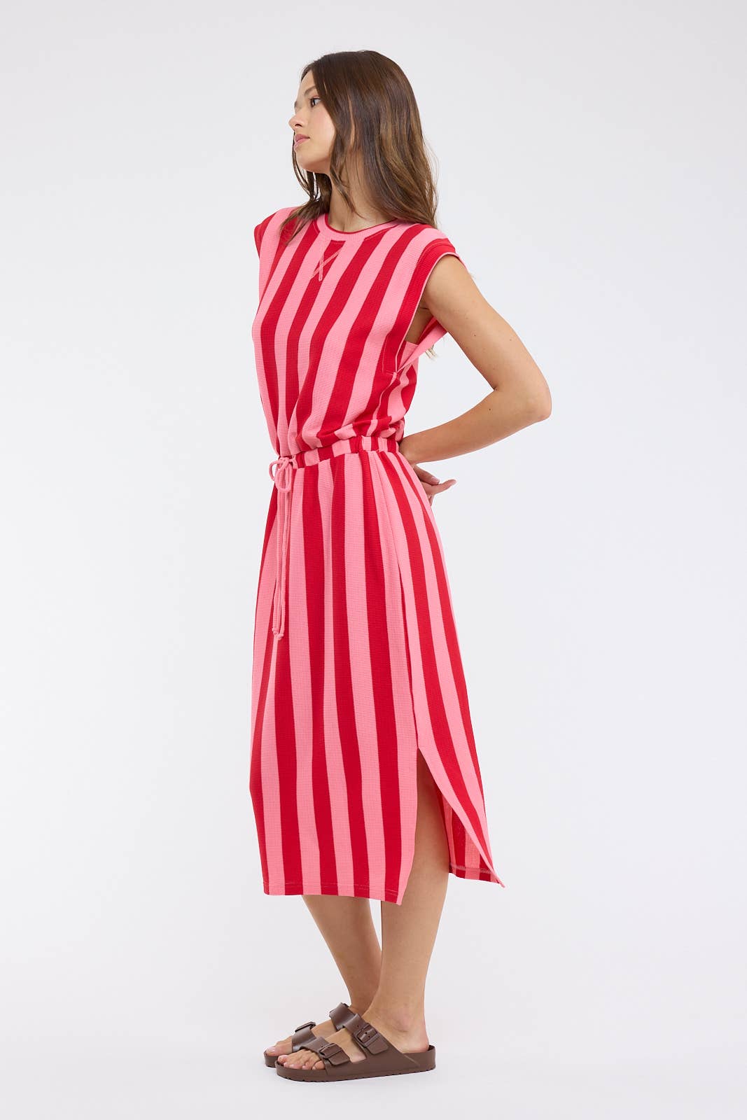 Striped Knit Midi Dress with Drawstring