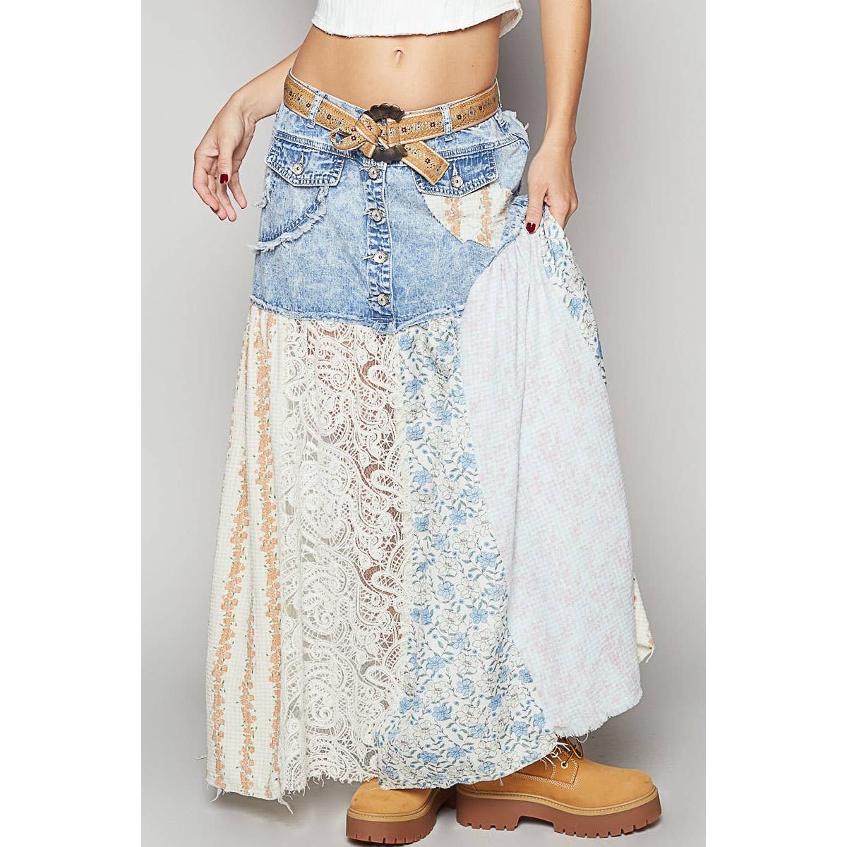 Woven Floral Print Mixed Skirt