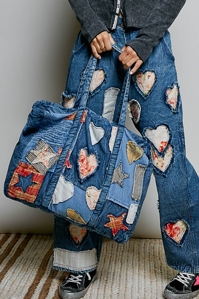 Unique Mix Patchwork Vintage Denim Casual Tote Bag
