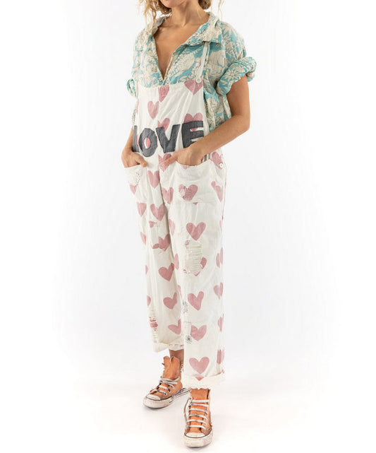 Magnolia Pearl Love Applique Cosmo Overalls - Crush