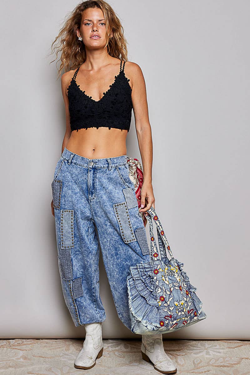 Vintage Wash Embroidered Ruffle Denim Tote Bag