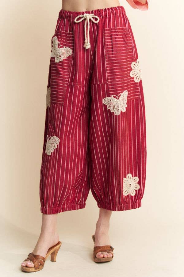 Lightweight Soft Denim Stripe Wide Barrel Pants - Red