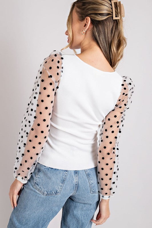 Polka Dot Square Neck Top - White