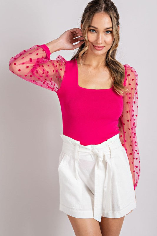 Polka Dot Square Neck Top - Hot Pink