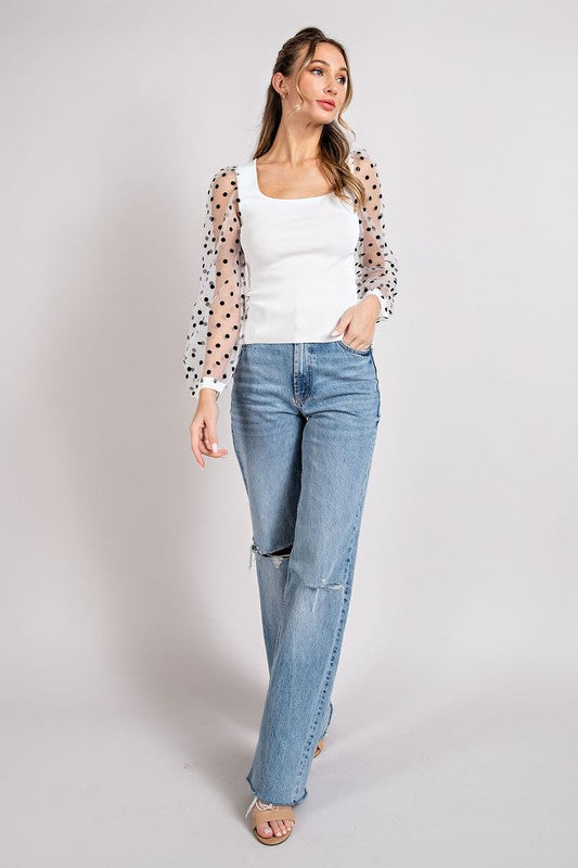 Polka Dot Square Neck Top - White