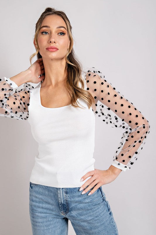 Polka Dot Square Neck Top - White