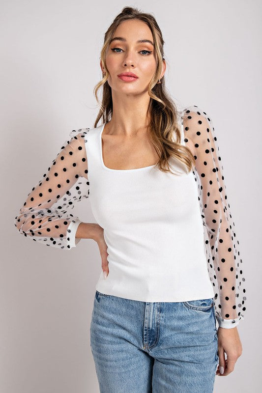 Polka Dot Square Neck Top - White