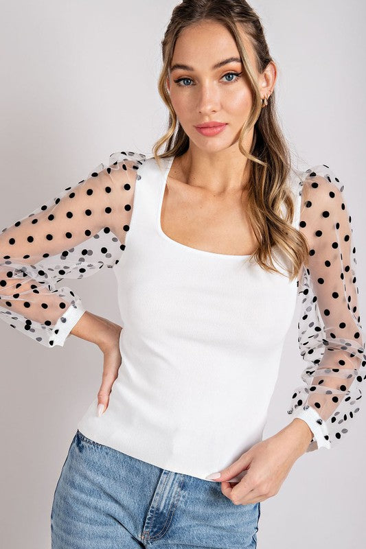 Polka Dot Square Neck Top - White