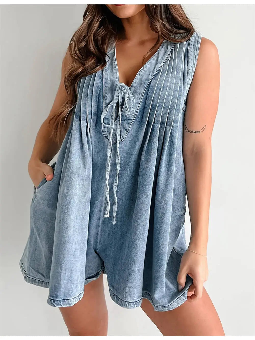 V-Neck Sleeveless Denim Romper - Light Blue