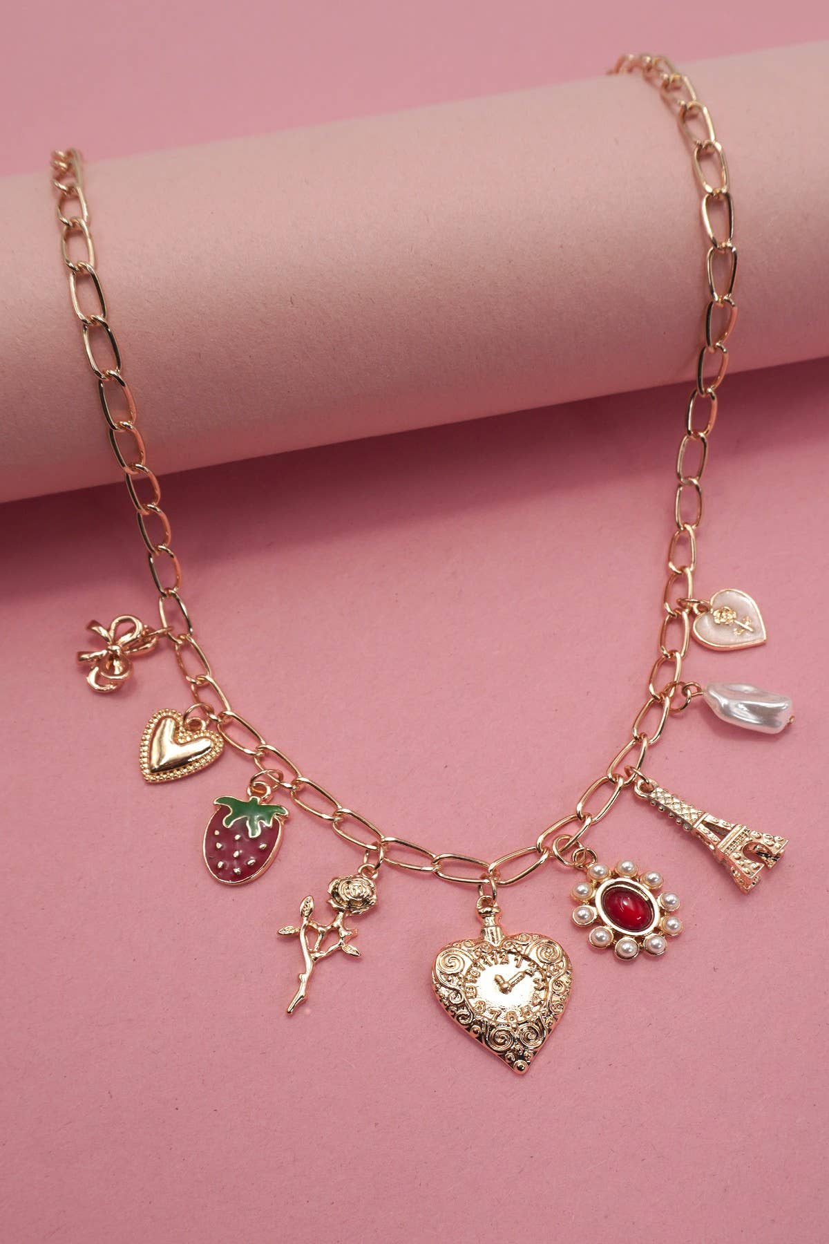 Charm Necklace - Heart Bow Rose Strawberry Eiffel